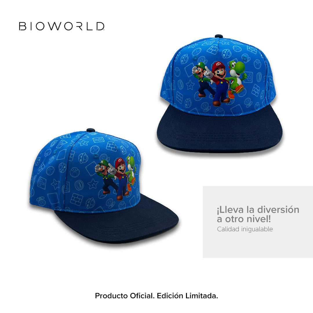 Bioworld Gorra para niño Super Mario - Parche de Mario, Luigi y Yoshi, Visera Plana, Azul, Ajustable, Infantil Oficial Nintendo - Fan Army
