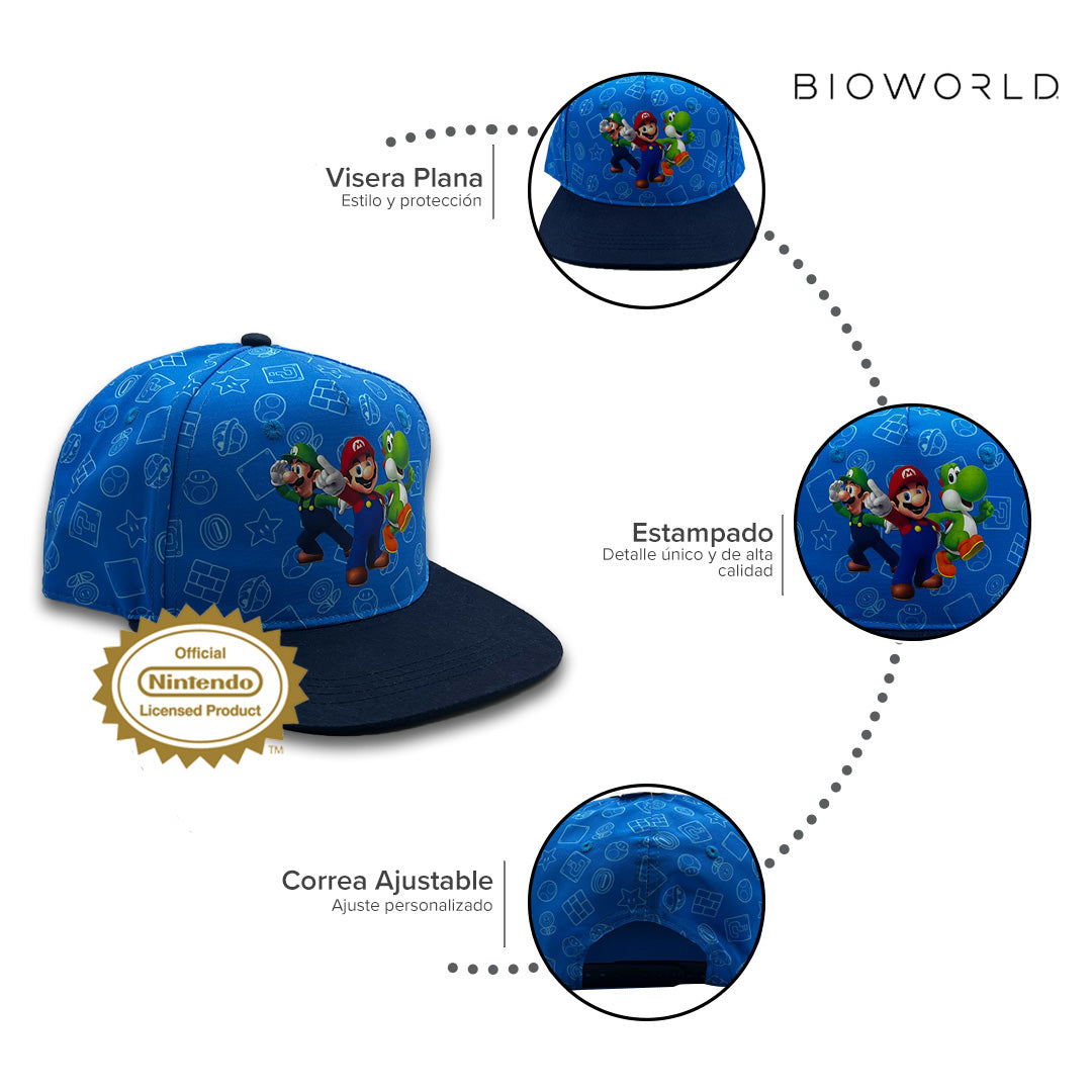 Bioworld Gorra para niño Super Mario - Parche de Mario, Luigi y Yoshi, Visera Plana, Azul, Ajustable, Infantil Oficial Nintendo - Fan Army