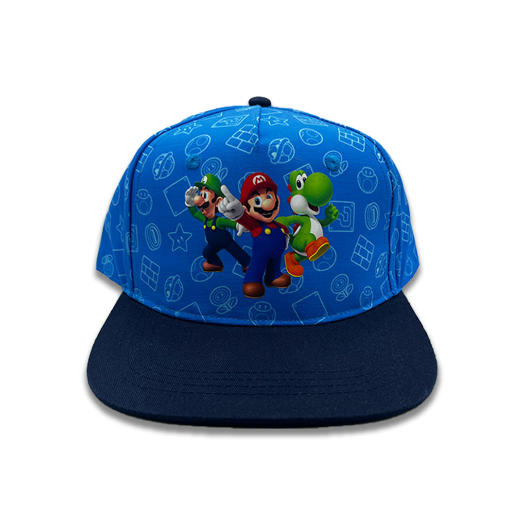 Bioworld Gorra para niño Super Mario - Parche de Mario, Luigi y Yoshi, Visera Plana, Azul, Ajustable, Infantil Oficial Nintendo - Fan Army