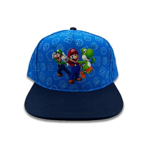 Bioworld Gorra para niño Super Mario - Parche de Mario, Luigi y Yoshi, Visera Plana, Azul, Ajustable, Infantil Oficial Nintendo
