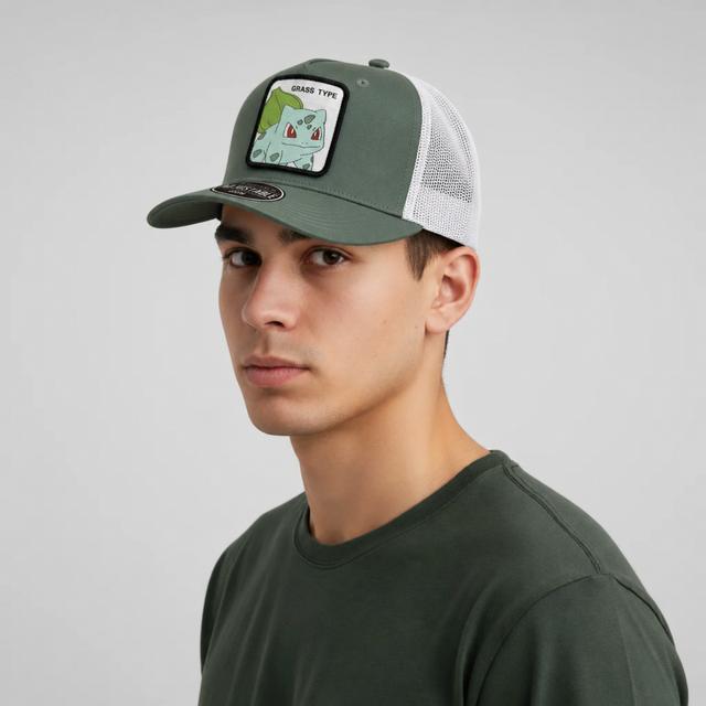 Gorra Pokémon Bulbasaur Adulto Verde y Blanca Tipo Trucker Ajustable