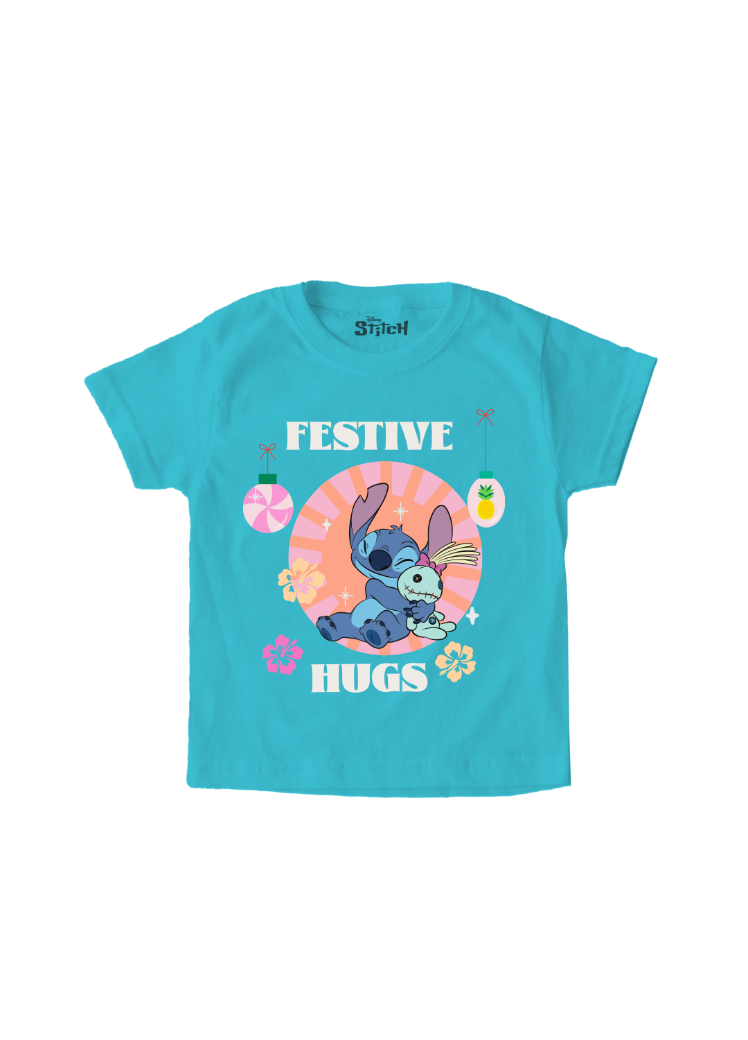 Playera Niño Stitch Navidad Niño Niña Turquesa Disney Original Festive Hugs - Fan Army