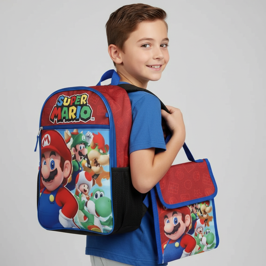 Mochila Super Mario Bros - Nintendo Escolar para niño y niña (5 piezas) - Fan Army