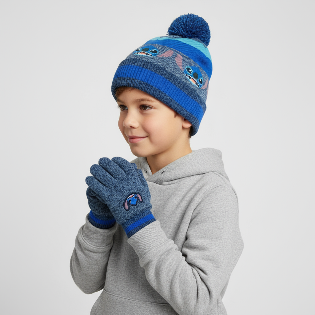 Set Gorro con Guantes Stitch Faces Azul Beanie Original - Fan Army