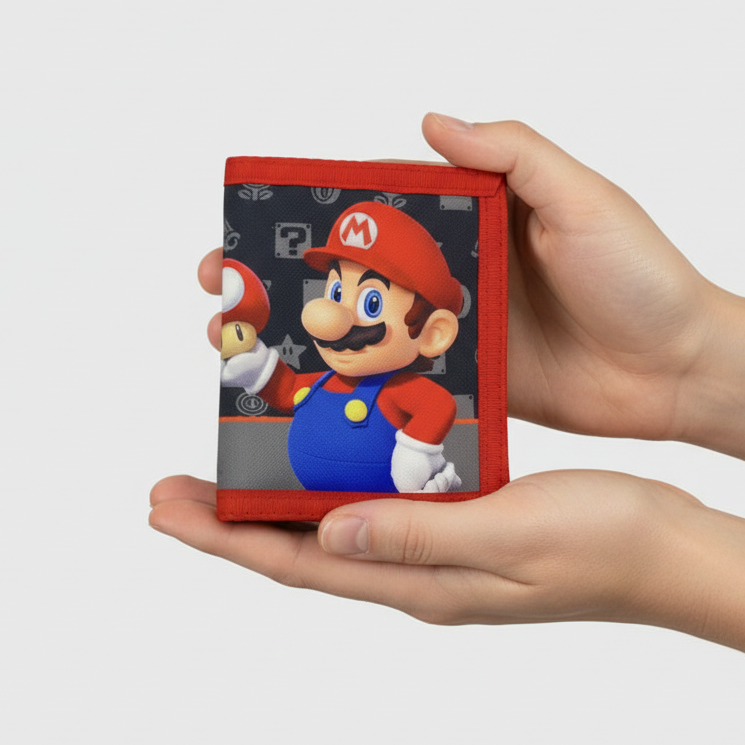 Bioworld - Cartera Trifold Infantil Super Mario Nintendo, Negro con Pattern y Mario y Luigi - Oficial - Fan Army