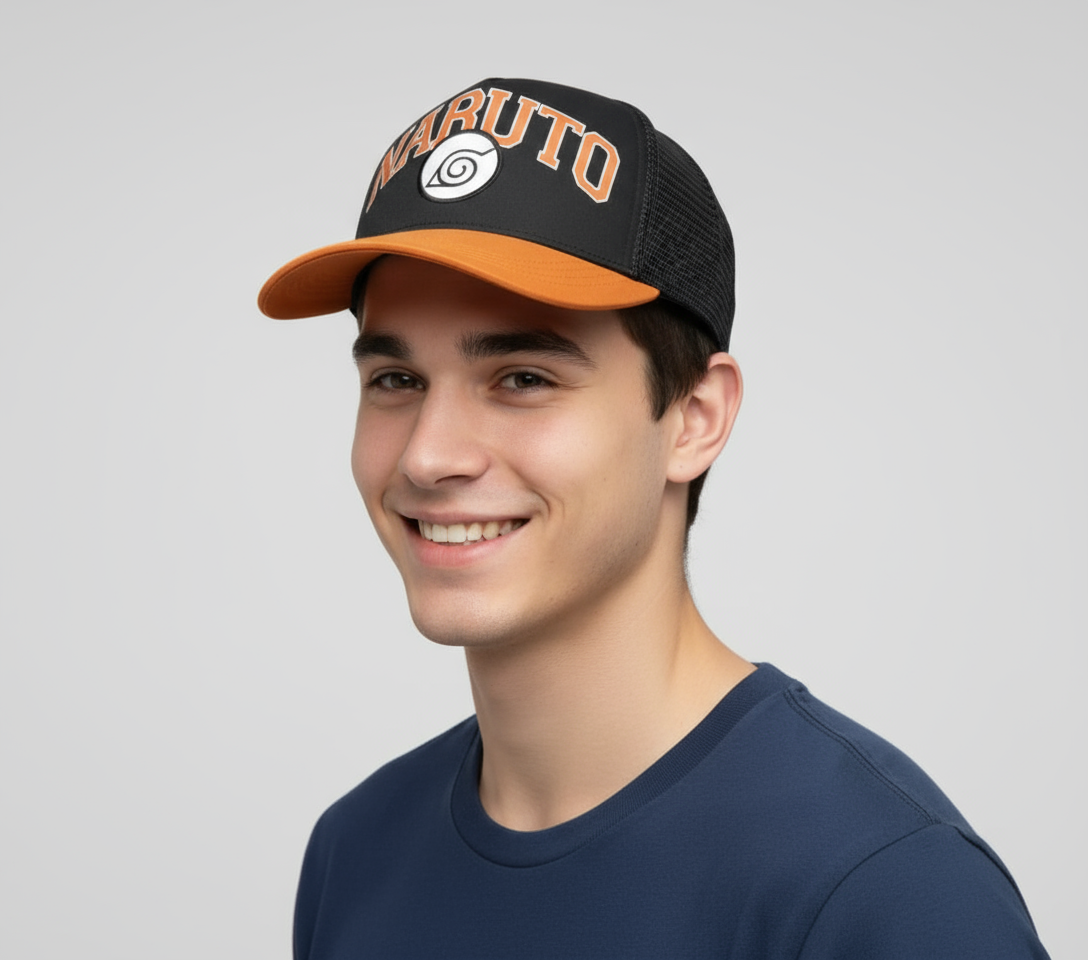 Bioworld Gorra Naruto Shippuden - Visera Curva, Logo Aldea de la Hoja, Naranja, Oficial y de Alta Calidad - Fan Army