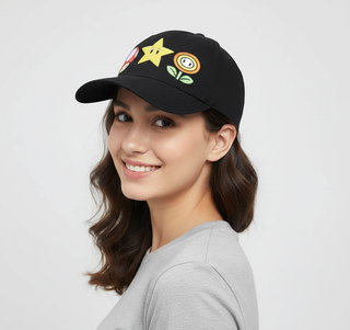 Bioworld Gorra Bordada Iconos Super Mario - Estilo Snapback Negro - Moda Gamer Oficial - Fan Army