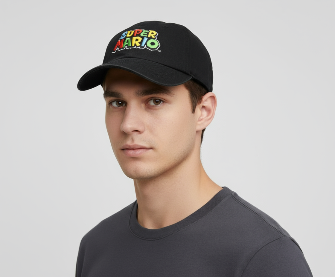 Bioworld Gorra Baseball Super Mario - LOGO Clásico, Ajustable, Algodón Color Negro, Oficial Nintendo Original - Fan Army