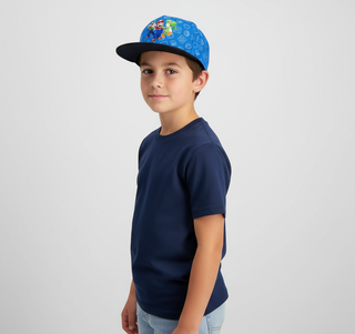 Bioworld Gorra para niño Super Mario - Parche de Mario, Luigi y Yoshi, Visera Plana, Azul, Ajustable, Infantil Oficial Nintendo - Fan Army
