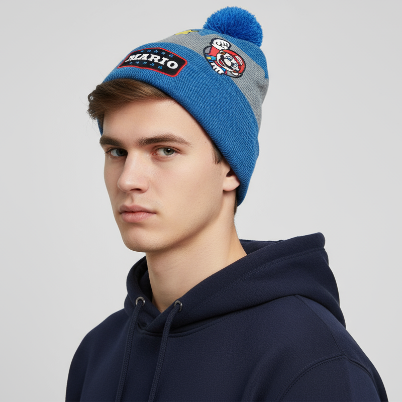 Bioworld Gorro de Punto Super Mario Parches con pompon - Fan Army
