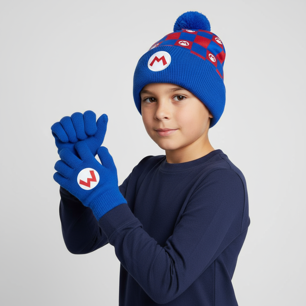 Gorro para el Frío Super Mario Bros con Guantes - Diseño a Cuadros para Estilo y Calidez - Fan Army