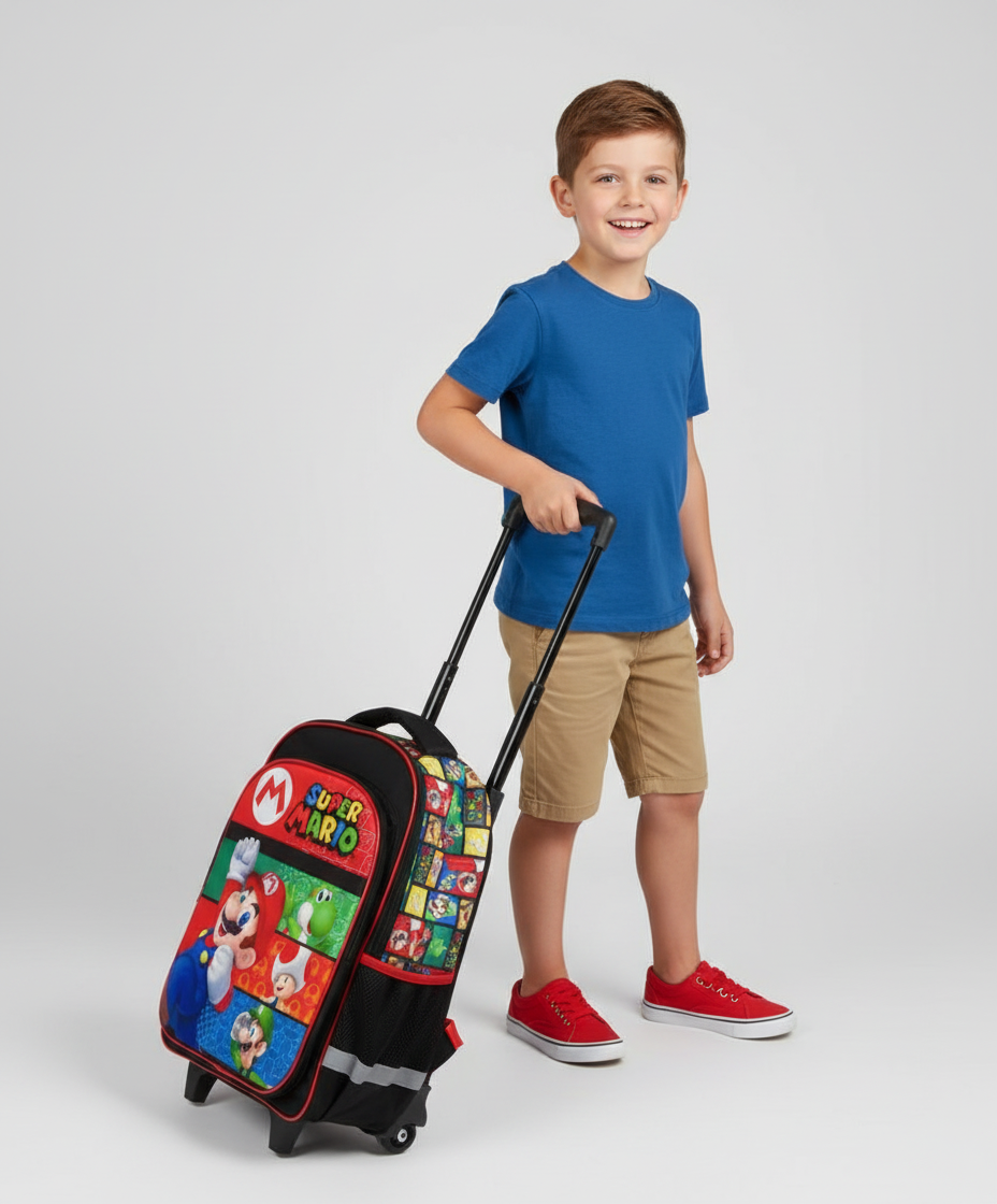 Super Mario Mochila con Rueditas para niños escolar bioworld original - Fan Army
