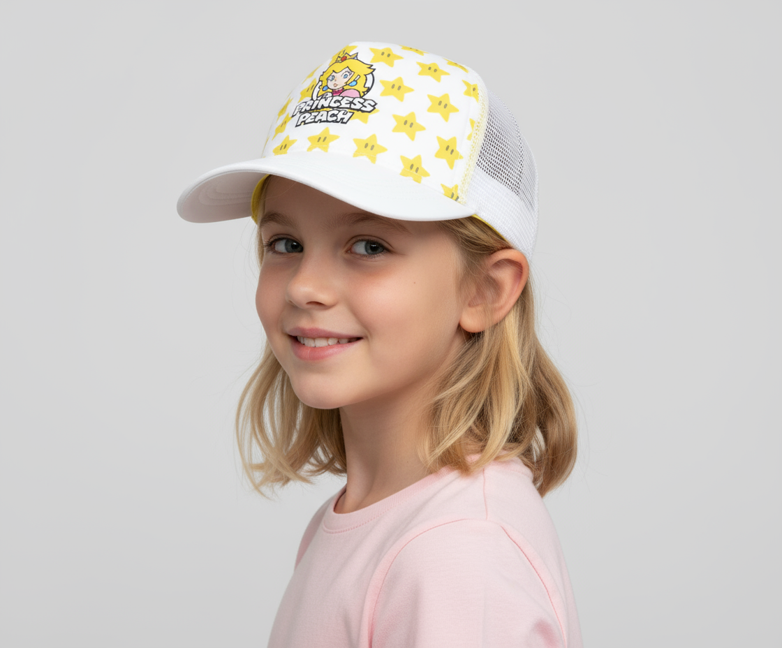 Bioworld Gorra Trucker Princesa Peach de Super Mario - Licencia Oficial Nintendo, Blanco con Amarillo, Unisex Adulto - Fan Army