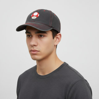 Bioworld Gorra Baseball Super Mario - Champiñon Clásico, Ajustable, Algodón Color Negro, Oficial Nintendo Original - Fan Army