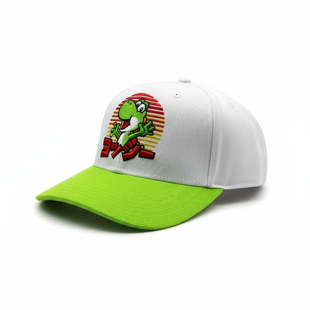 Bioworld Gorra Super Mario - Yoshi Japonés, Ajustable, Blanco y Verde, Oficial Nintendo Edición Limitada