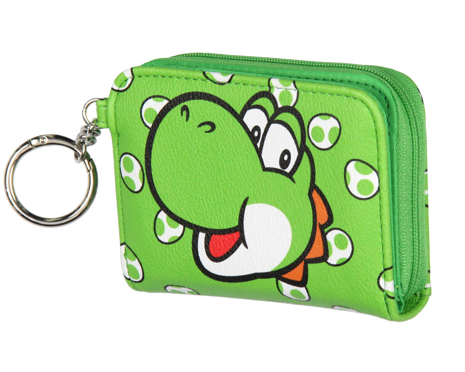 Bioworld - Cartera de Yoshi Super Mario Nintendo, Verde con Pattern de Huevos, Espacio para Tarjetas, con Colgante para Llavero - Para Dama - Fan Army