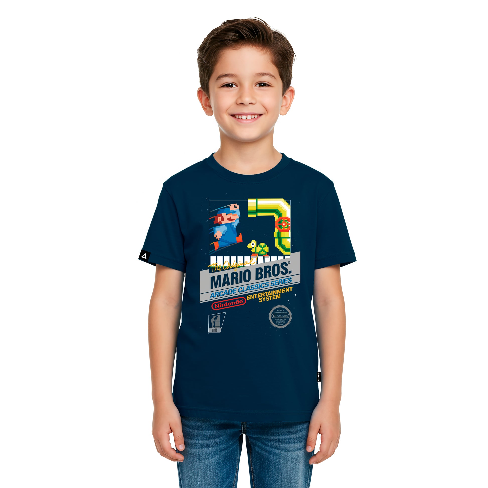 Playera Niño Super Mario Azul Marino Arcade Classic Nintendo Oficial - Fan Army