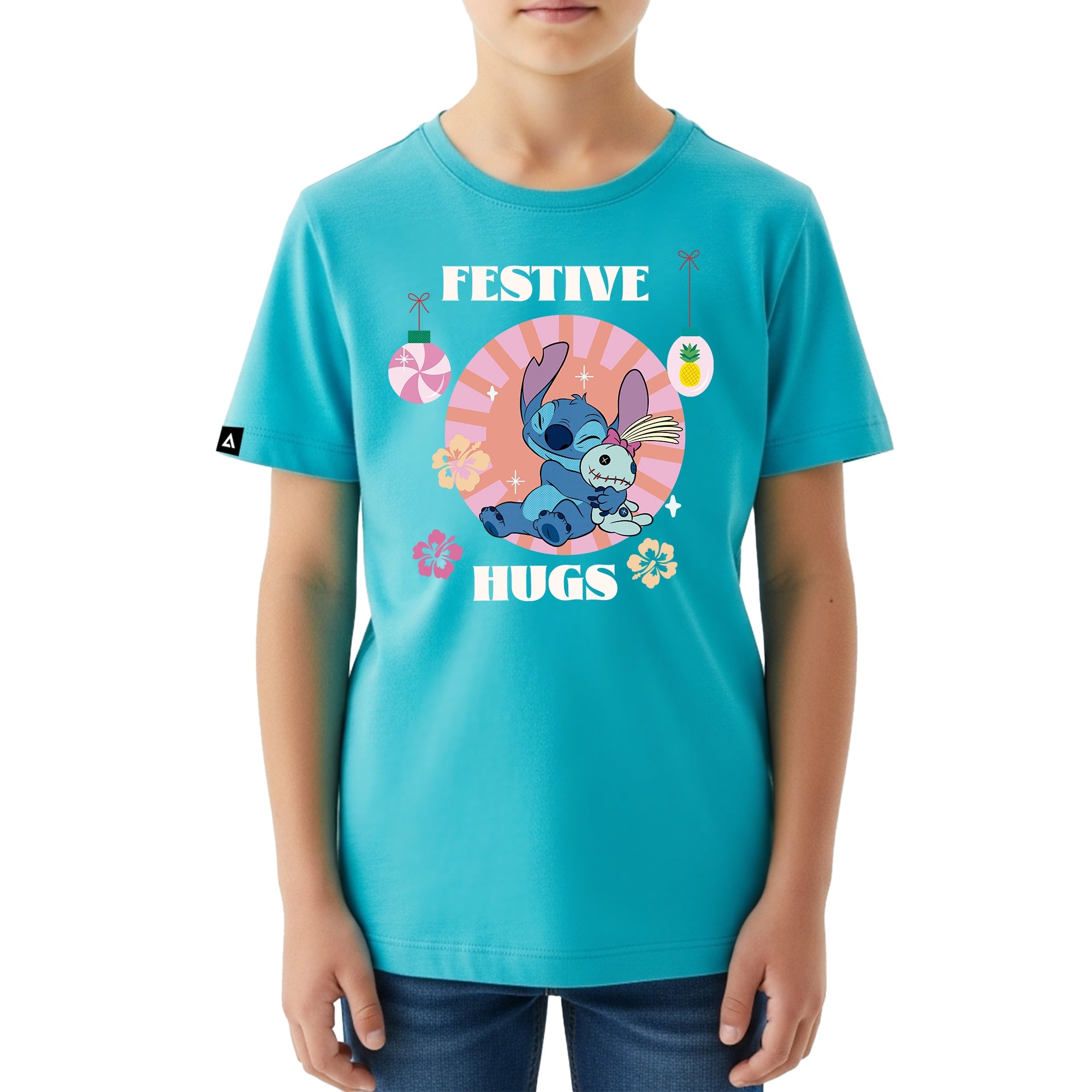 Playera Niño Stitch Navidad Niño Niña Turquesa Disney Original Festive Hugs - Fan Army
