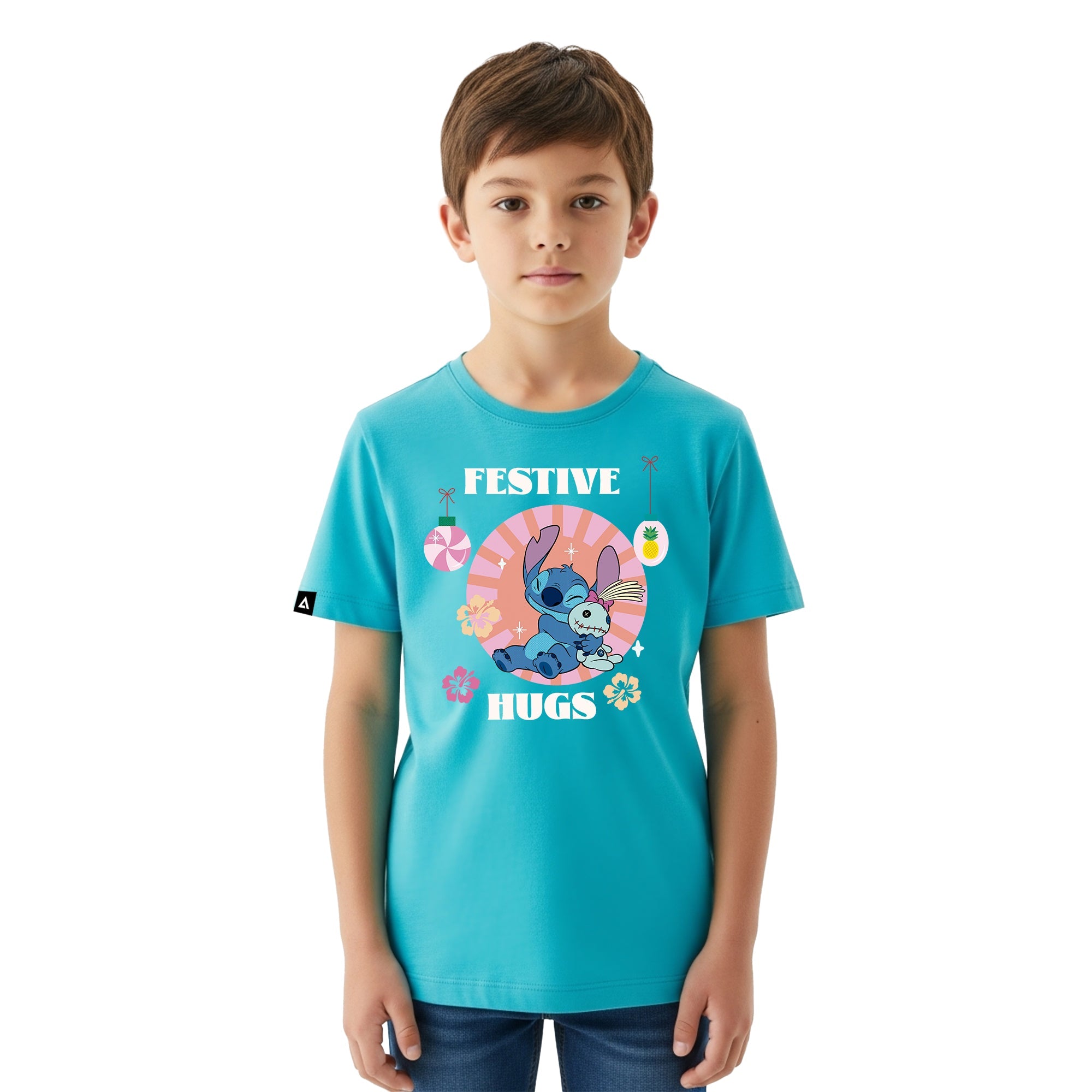 Playera Niño Stitch Navidad Niño Niña Turquesa Disney Original Festive Hugs - Fan Army