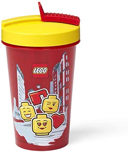 Vaso LEGO de plastico con tapa y popote rojo para niña y niño