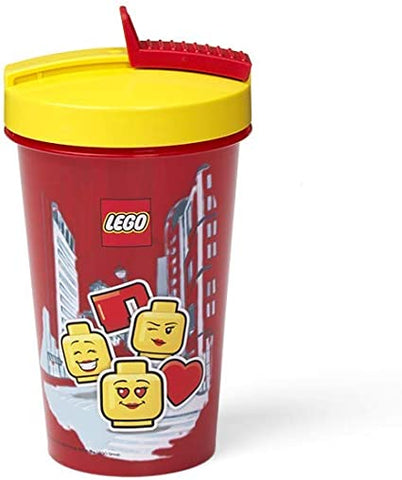 Vaso LEGO de plastico con tapa y popote rojo para niña y niño 