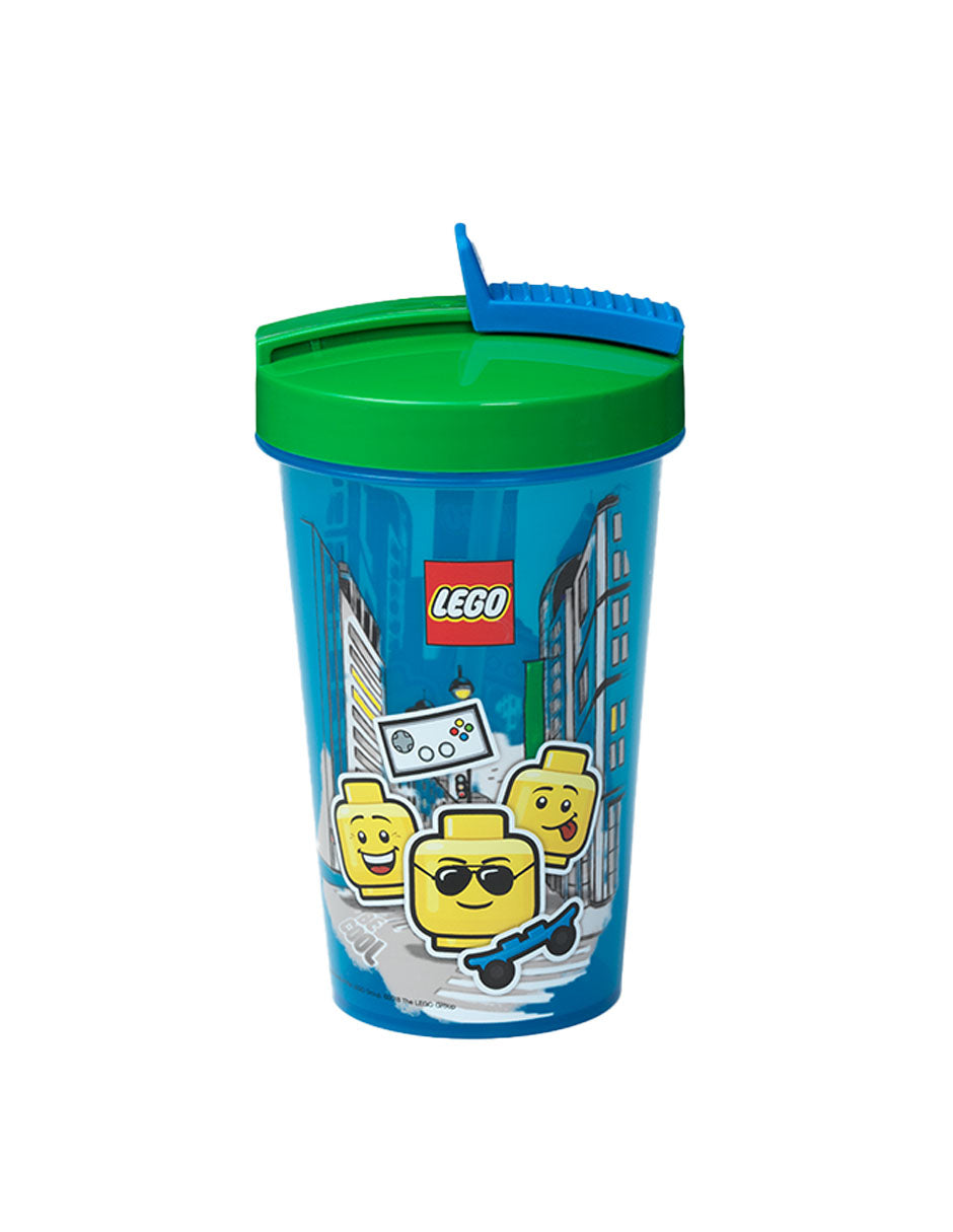 Vaso LEGO de plastico con tapa y popote azul para niña y niño - Fan Army