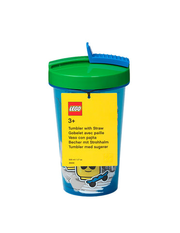 Vaso LEGO de plastico con tapa y popote azul para niña y niño