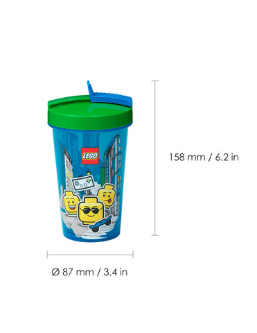 Vaso LEGO de plastico con tapa y popote azul para niña y niño