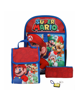 Mochila Super Mario Bros - Nintendo Escolar para niño y niña (5 piezas)